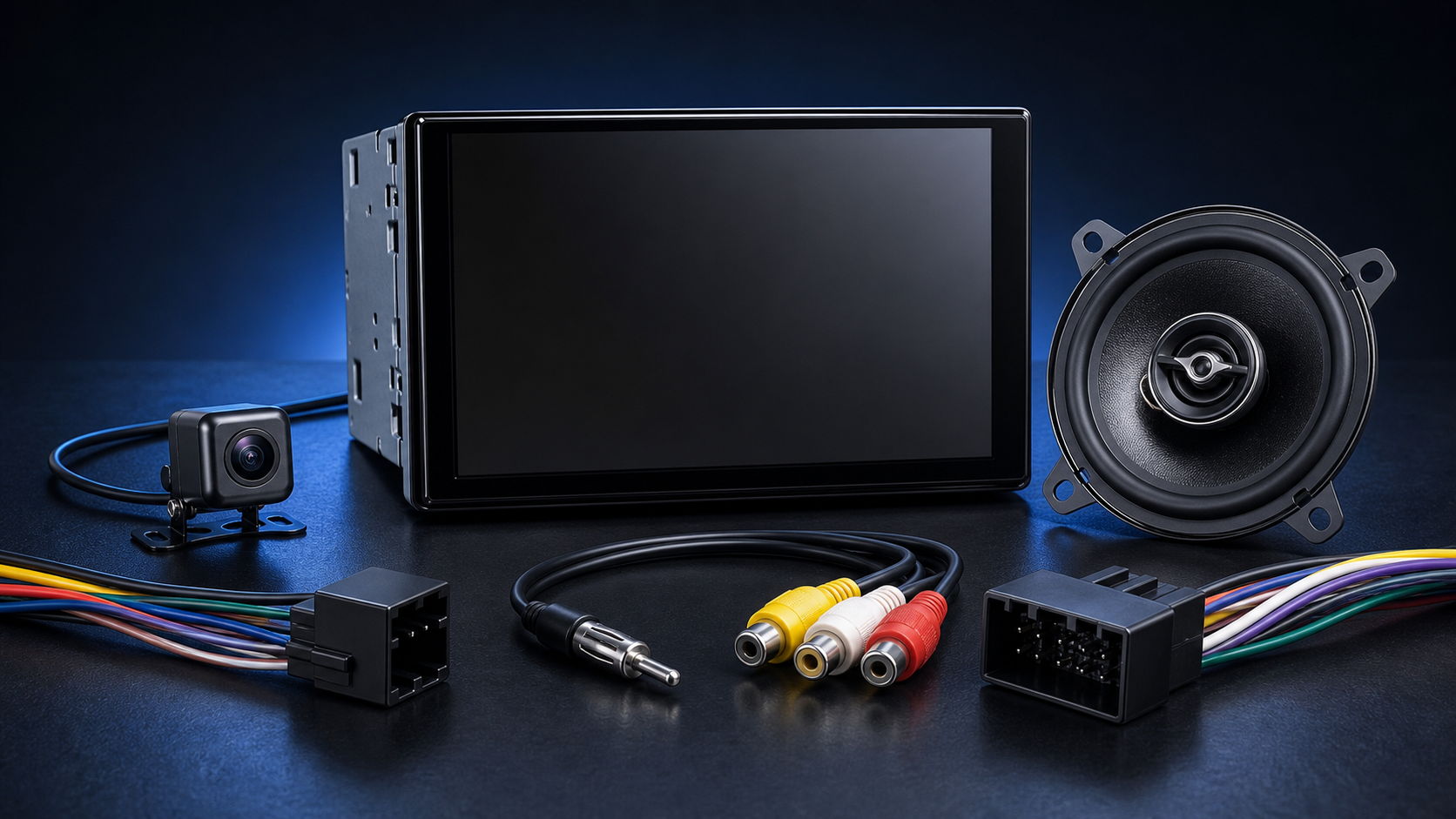 Composición de multimedia, altavoz, cámara y conectores de instalación